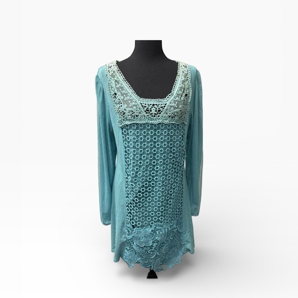 Pretty Angel Tops - Pretty Angel Teal Lace Crochet Boho Tunic Top XL Long Sleeve Romantic Top